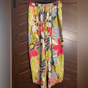 Angie split leg drawstring pants tropical print tassel & ric rac detail
